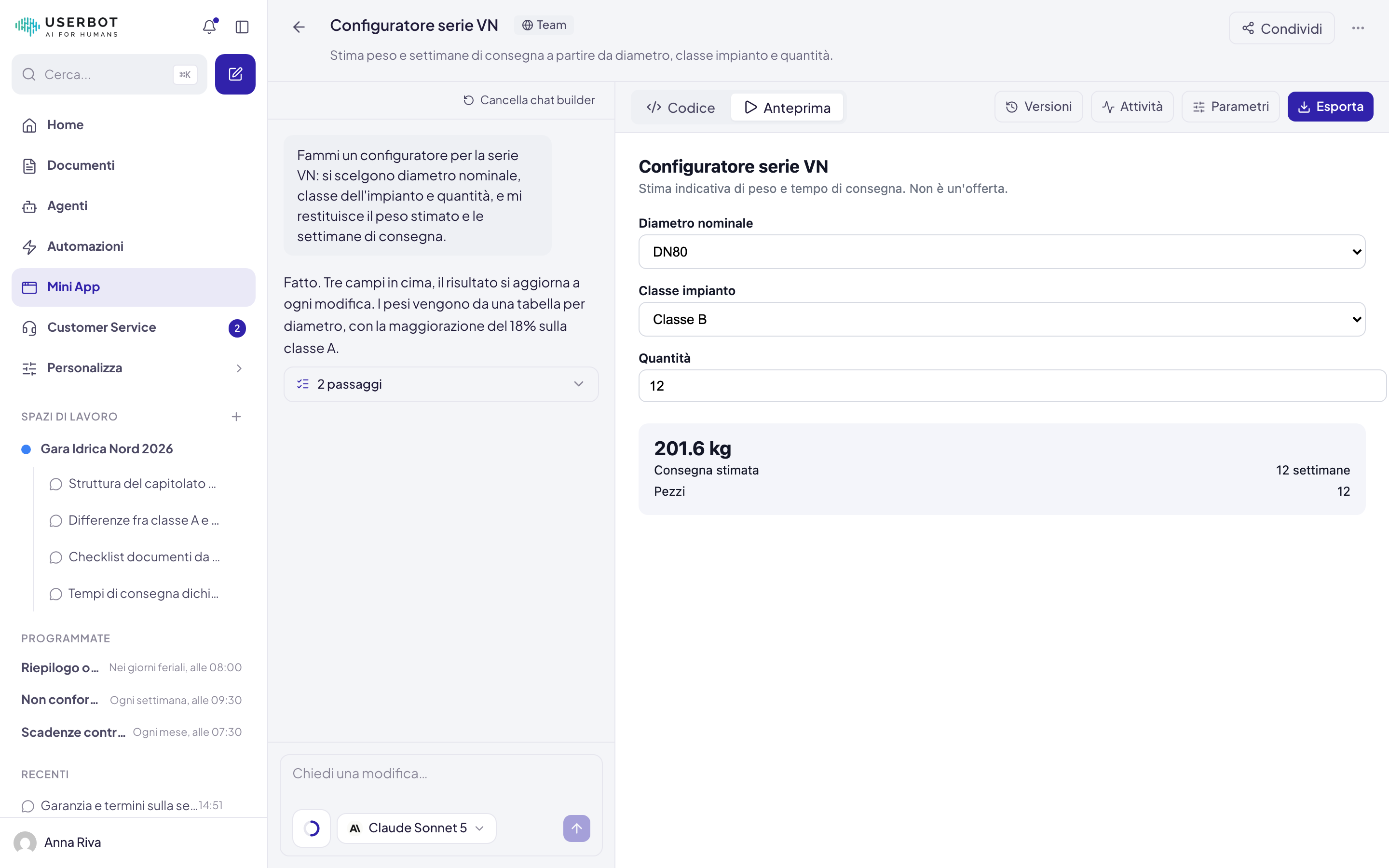Il costruttore di Mini App in Userbot: a sinistra la richiesta scritta a parole, a destra il configuratore già funzionante con i suoi campi e il risultato
