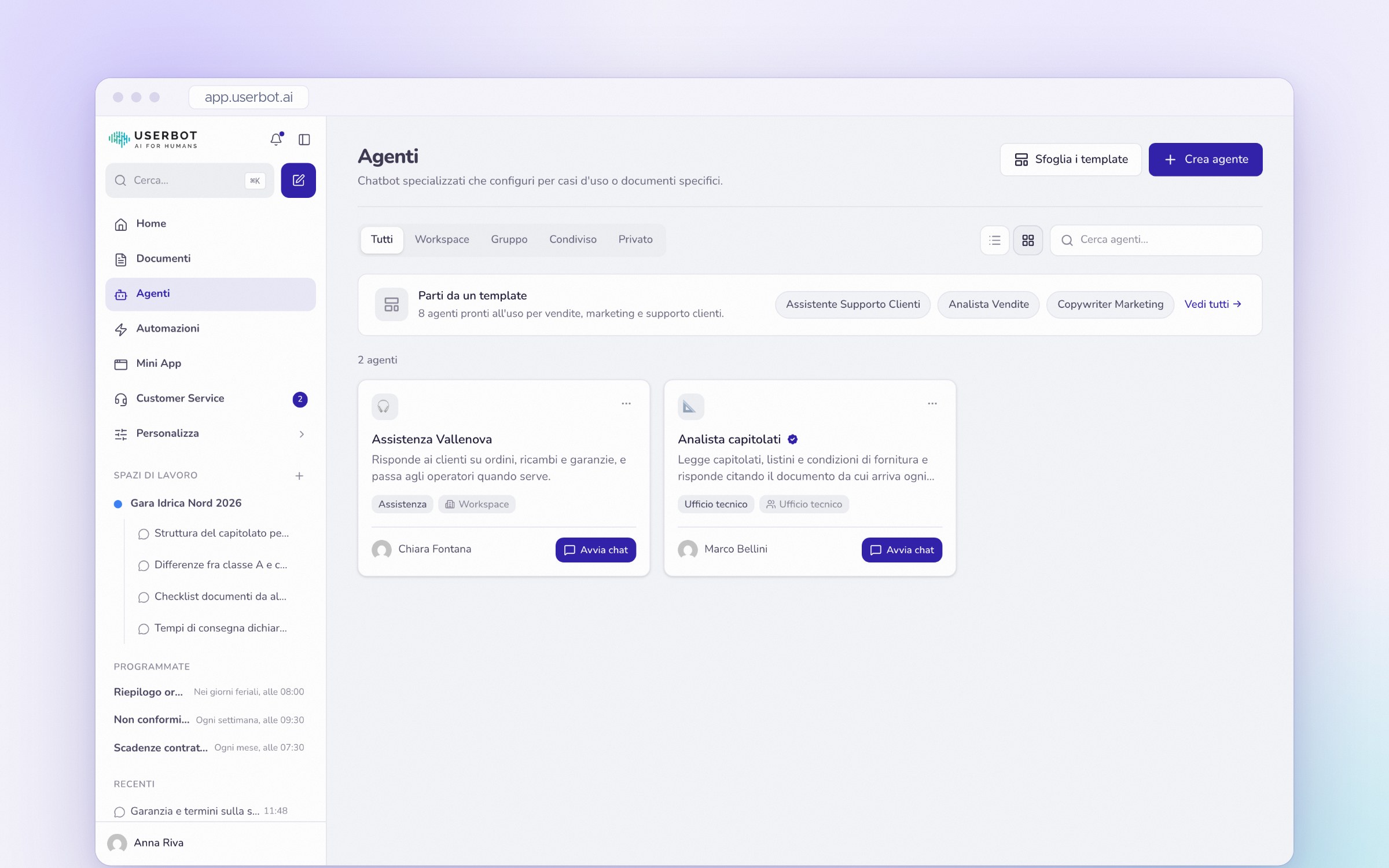 La pagina Agenti di Userbot: gli Agenti condivisi dal team, come Assistenza Vallenova e Analista capitolati, e i template da cui partire