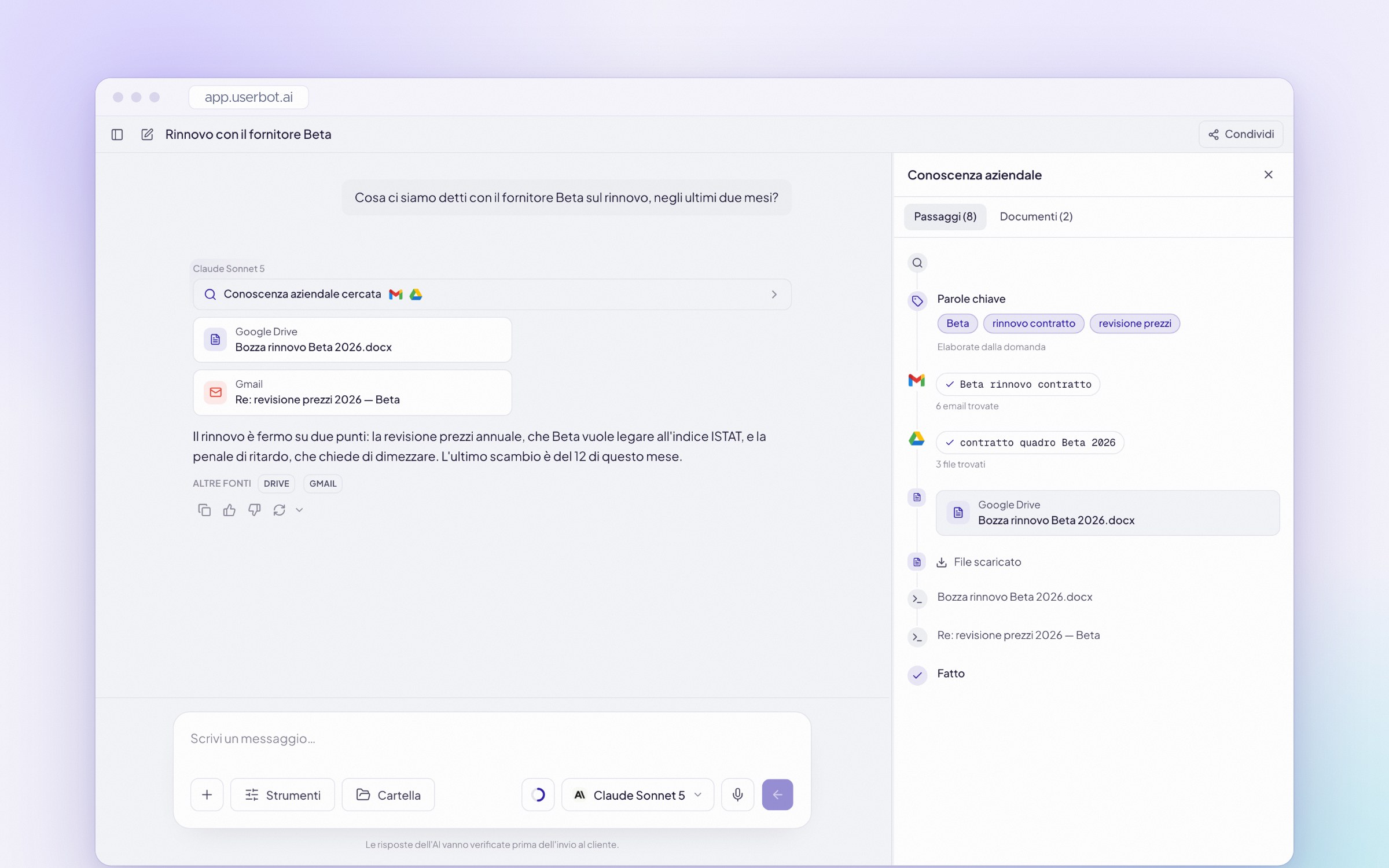 In Userbot una domanda sul rinnovo con un fornitore: la Conoscenza aziendale cerca in Gmail e Google Drive e la risposta cita i documenti trovati