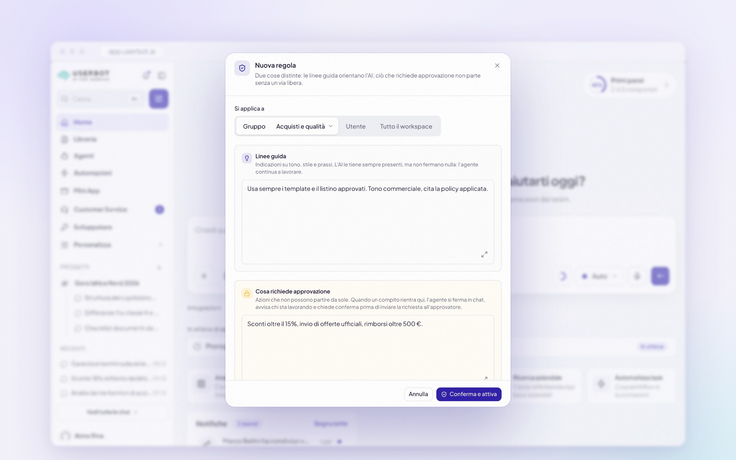 Una nuova regola in Userbot per il gruppo Acquisti e qualità: le linee guida orientano l’AI, mentre sconti oltre il 15%, offerte ufficiali e rimborsi oltre 500 euro richiedono approvazione